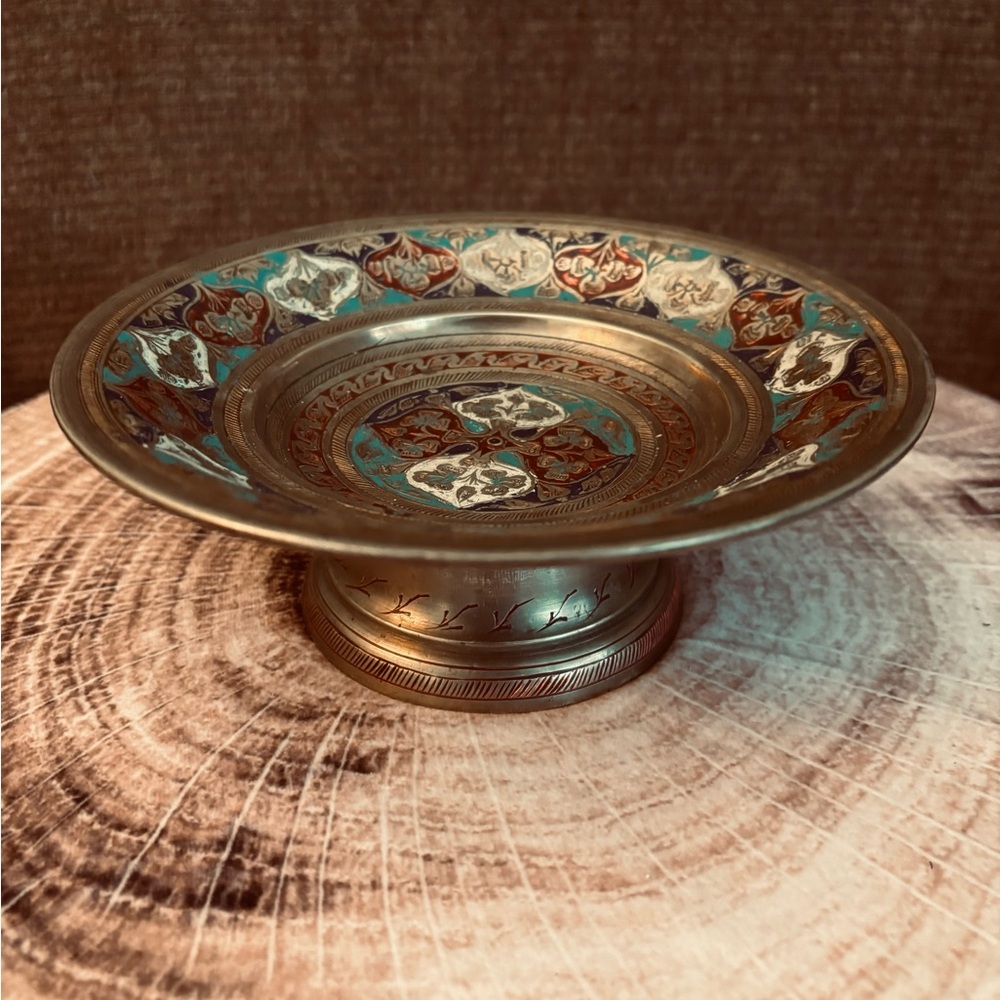 Vintage Brass Pedestal Decorative Enameled  Bowl with Intricate Design - India